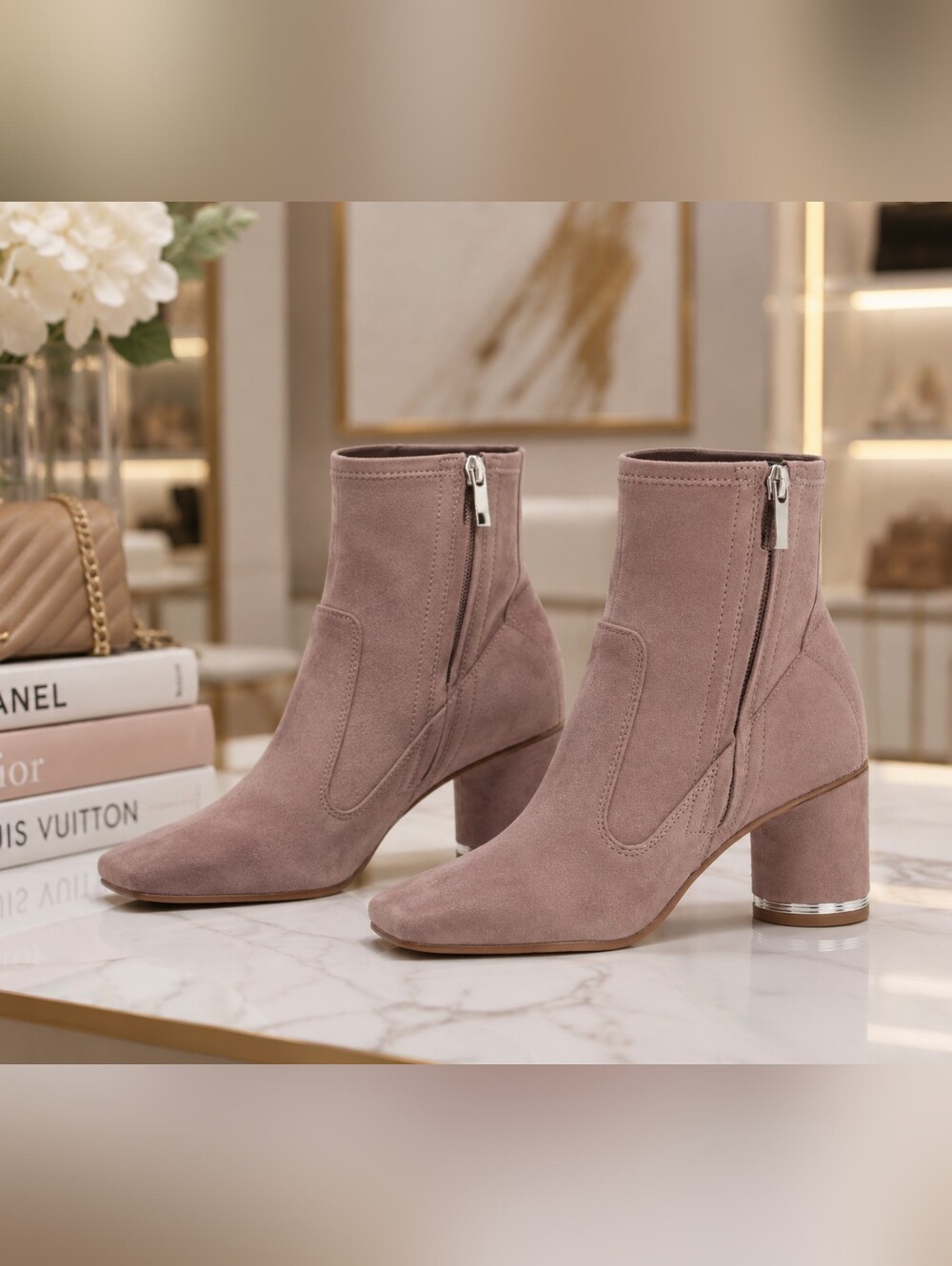 Franco Sarto Pisa Ankle Booties Womens 7 Mauve Taupe Suede Square Toe Block Heel